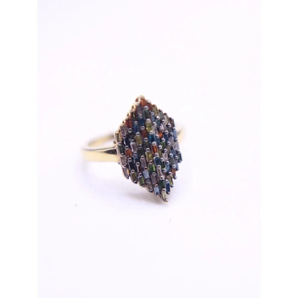 925 Silver Gold-Plated Multi-Color Baguette Diamond Cluster Ring Size 7.5